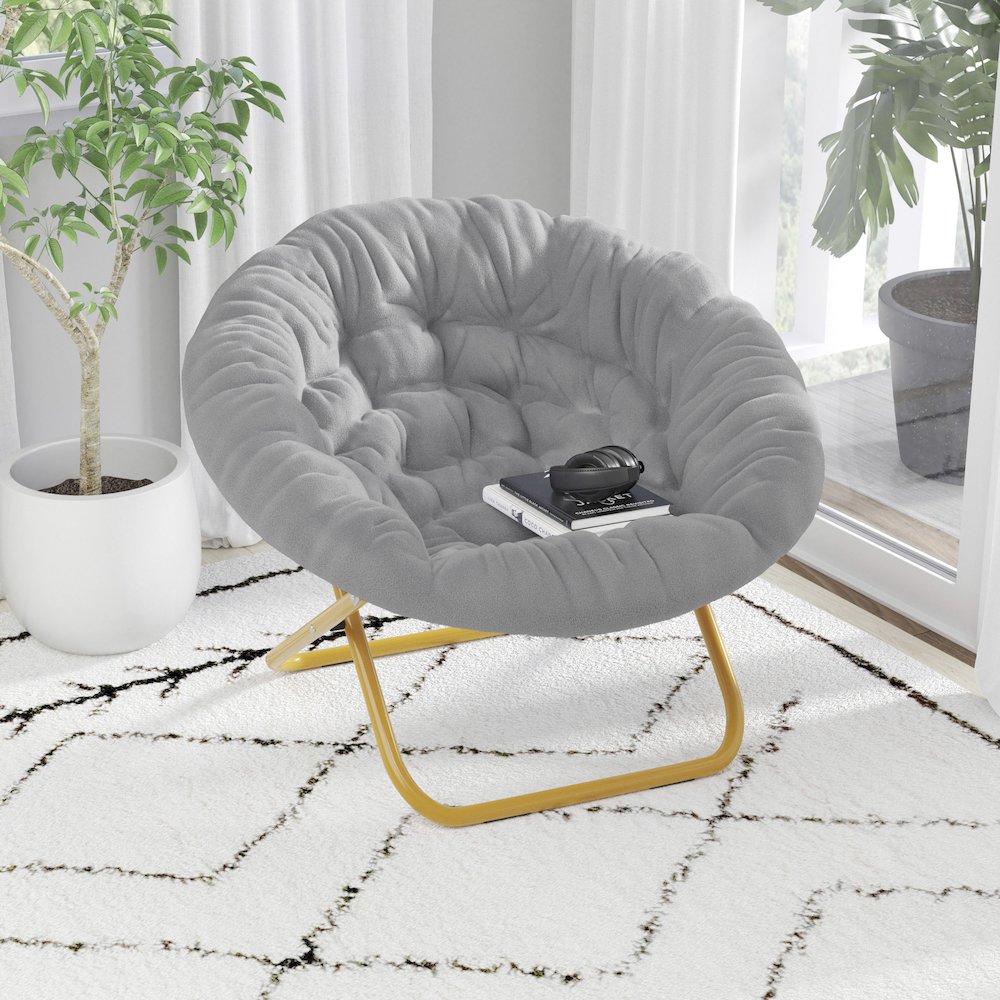 38" Portable Faux Fur Folding Saucer Moon Chair, Gray Faux Fur/Soft Gold Frame. Picture 2