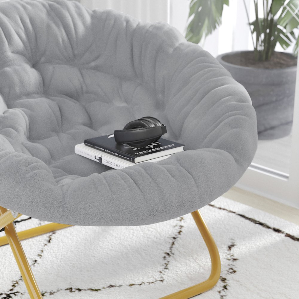 38" Portable Faux Fur Folding Saucer Moon Chair, Gray Faux Fur/Soft Gold Frame. Picture 6