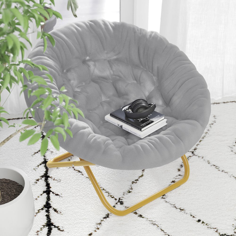 38" Portable Faux Fur Folding Saucer Moon Chair, Gray Faux Fur/Soft Gold Frame. Picture 7