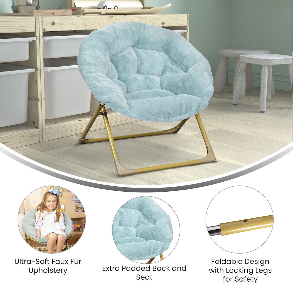 23" Kids Cozy Mini Folding Saucer Chair, Moon Chair, Dusty Aqua/Soft Gold. Picture 5