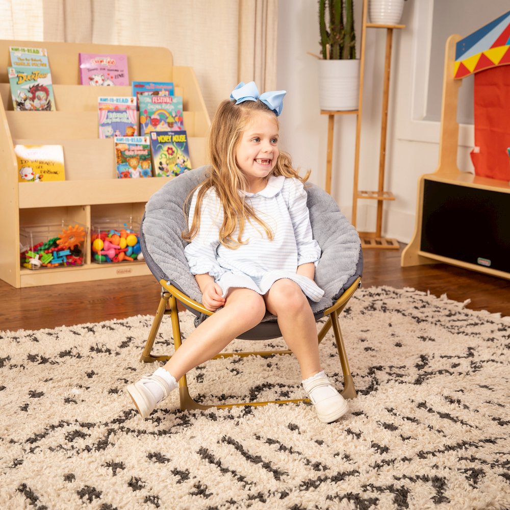 23" Kids Cozy Mini Folding Saucer Chair, Moon Chair, Gray/Soft Gold. Picture 2