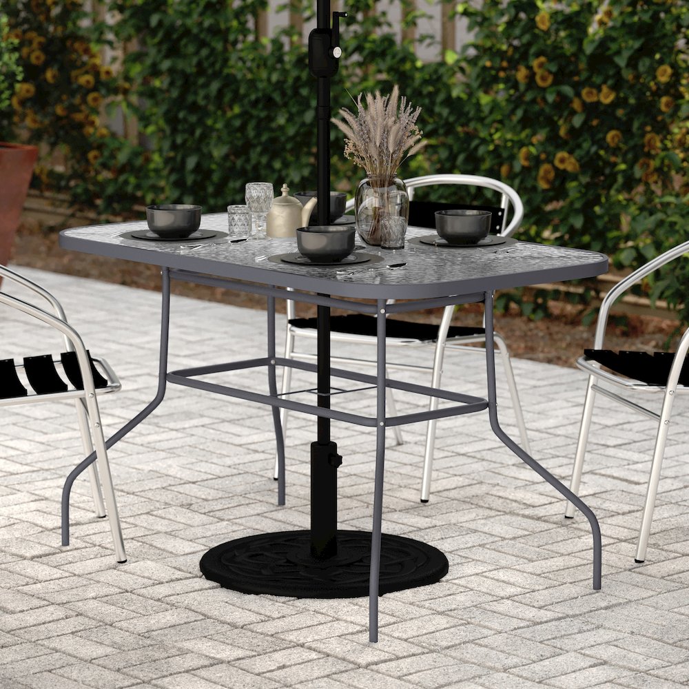 Rectangular Glass Patio Table With Seating for 4, Clear Top/Silver Frame. Picture 3