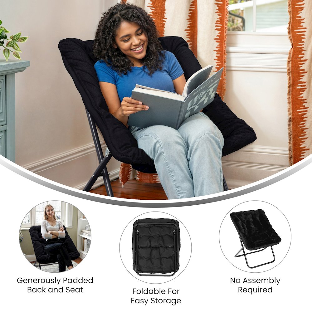 Contemporary Oversized Folding Saucer Chair, Black Fabric/Black Frame. Picture 7