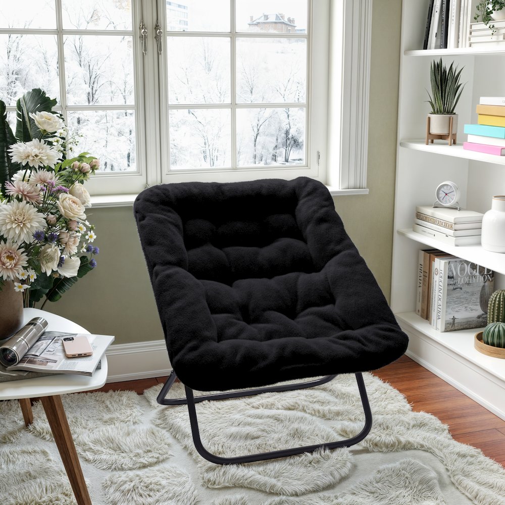 Contemporary Oversized Folding Saucer Chair, Black Fabric/Black Frame. Picture 5