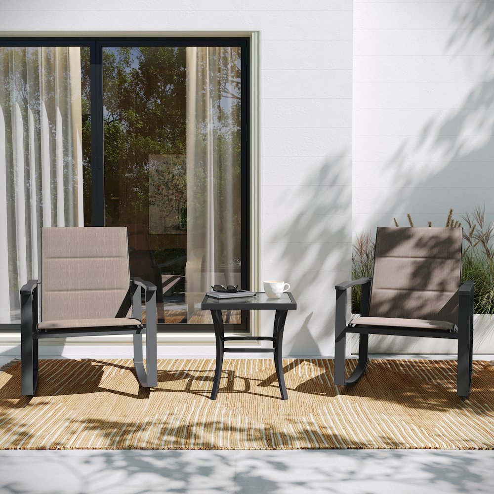 Modern 3 Piece Outdoor Rocking Chairs and Table Set. Picture 2