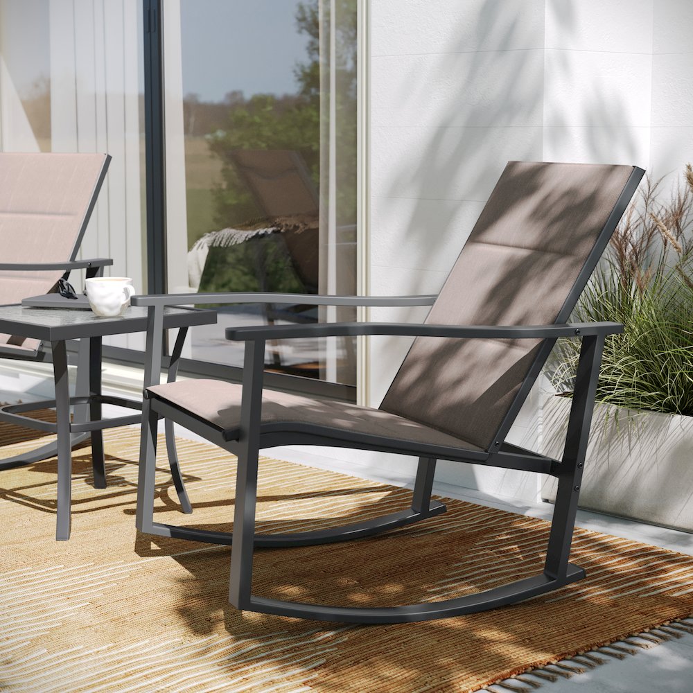 Modern 3 Piece Outdoor Rocking Chairs and Table Set. Picture 8