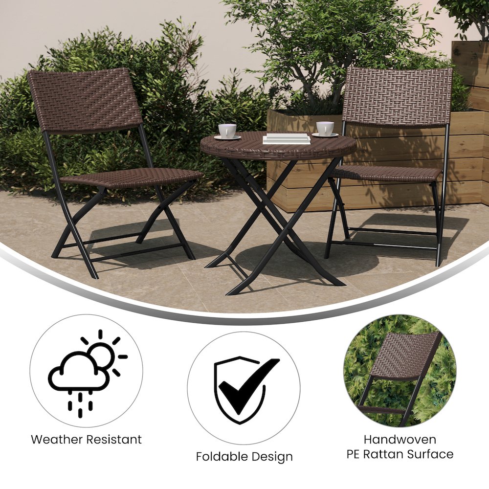 Modern 3 Piece Folding Bistro Table and Chairs Set, Brown. Picture 4