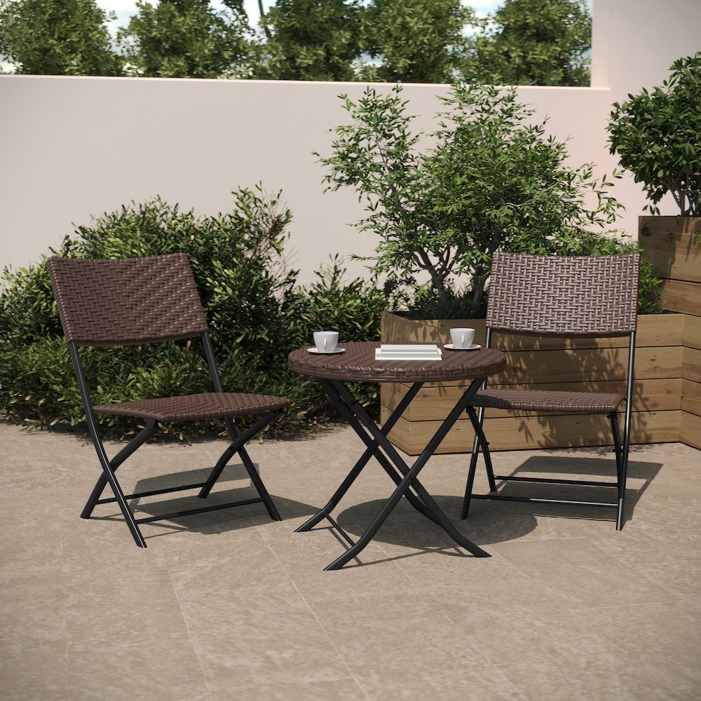 Modern 3 Piece Folding Bistro Table and Chairs Set, Brown. Picture 3