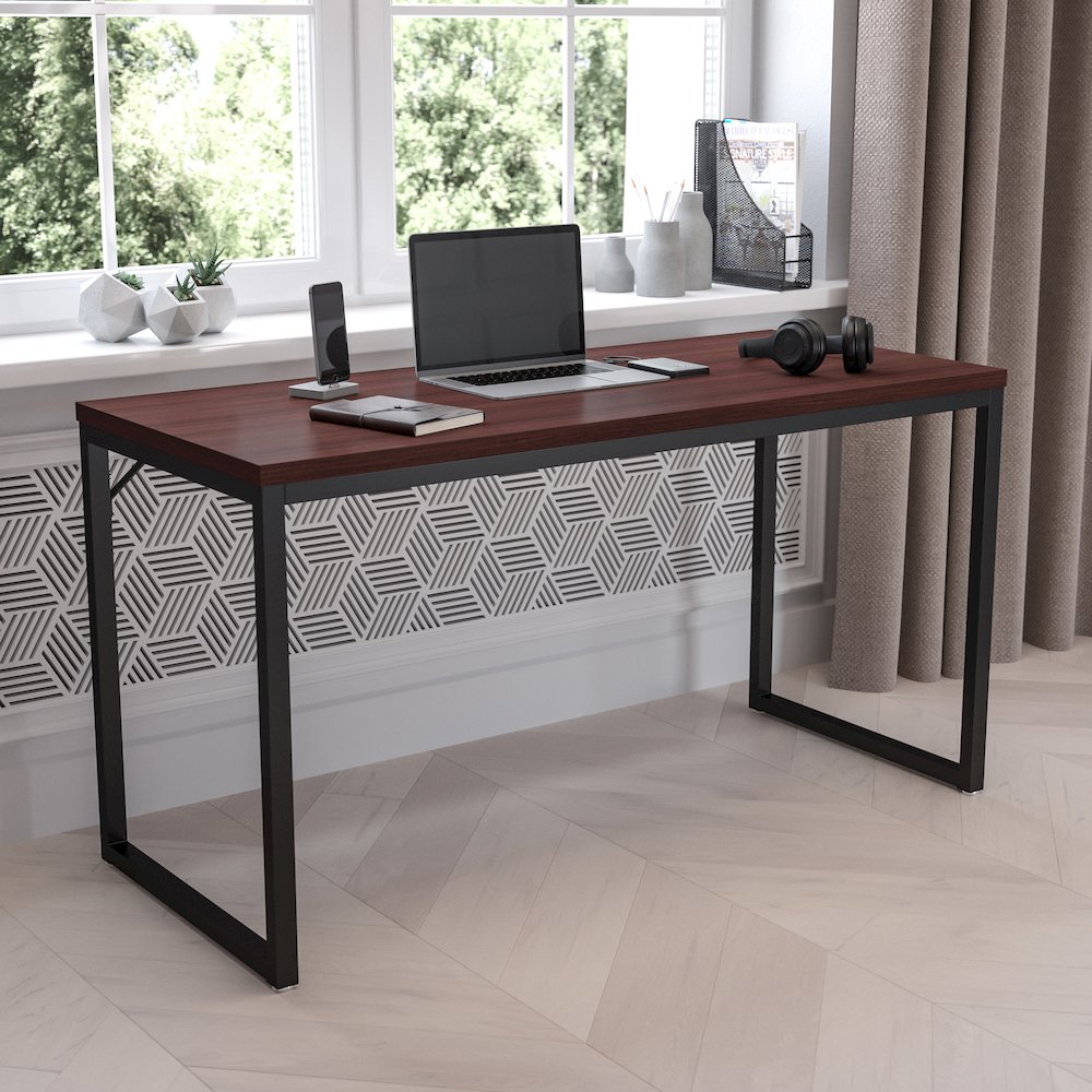 Desk Industrial Computer Desk Sturdy Home Office Desk - 55" Length-Mahogany. Picture 2