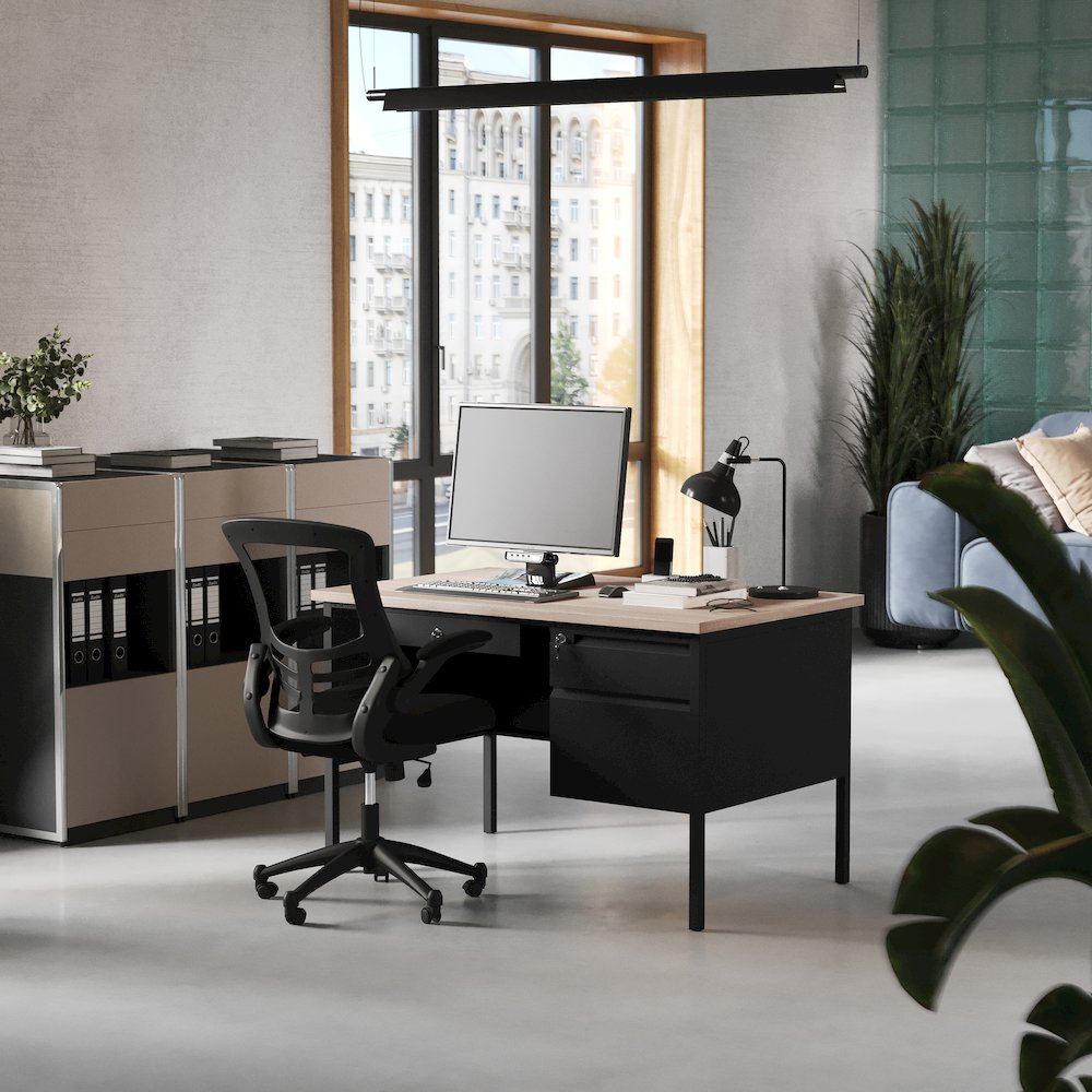 Contemporary 30x48 Commercial Grade Single Pedestal Desk with Drawers, White Oak. Picture 6