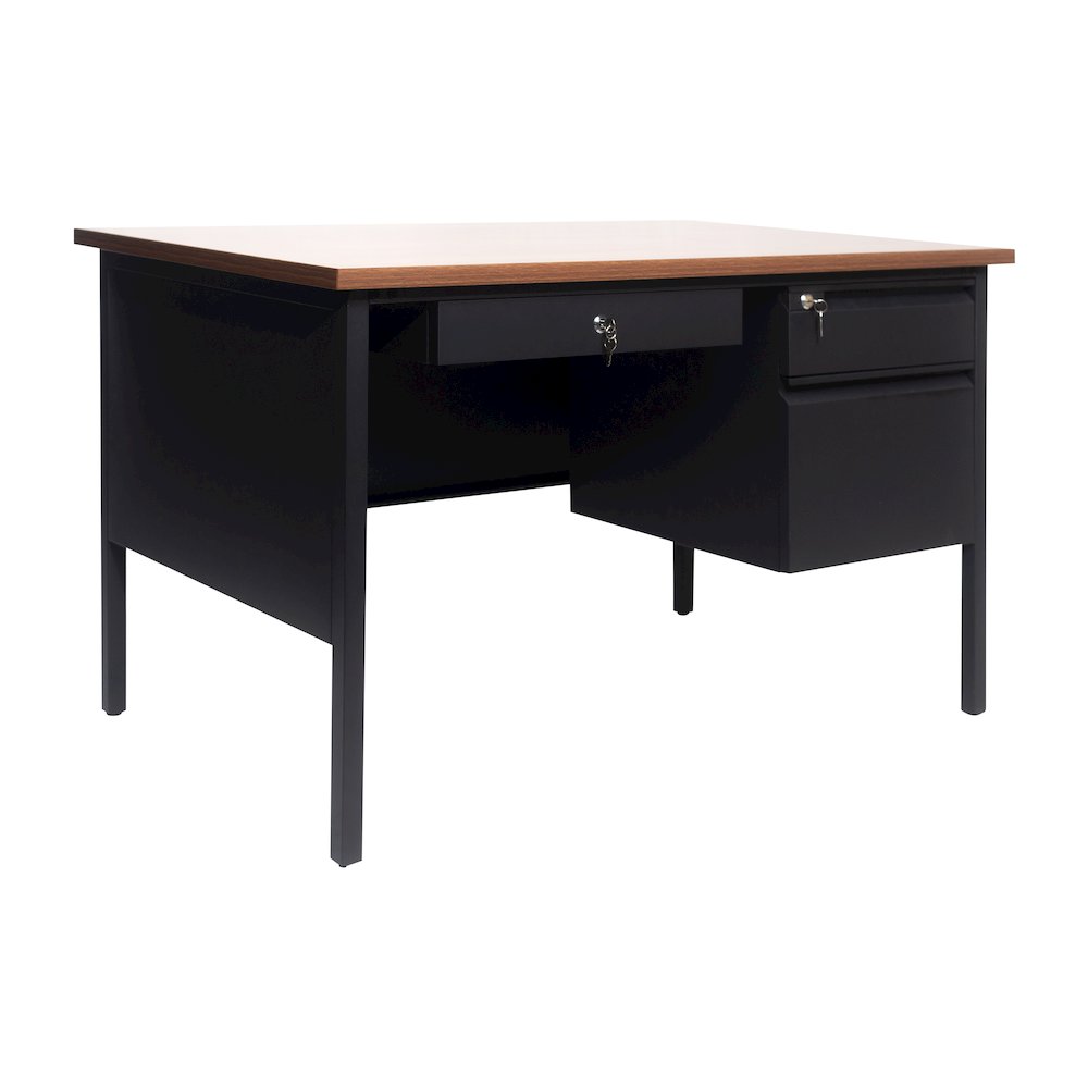30x48 Right Side Single Pedestal Desk, 3 Locking Drawers, Walnut Top,Black Frame. Picture 1
