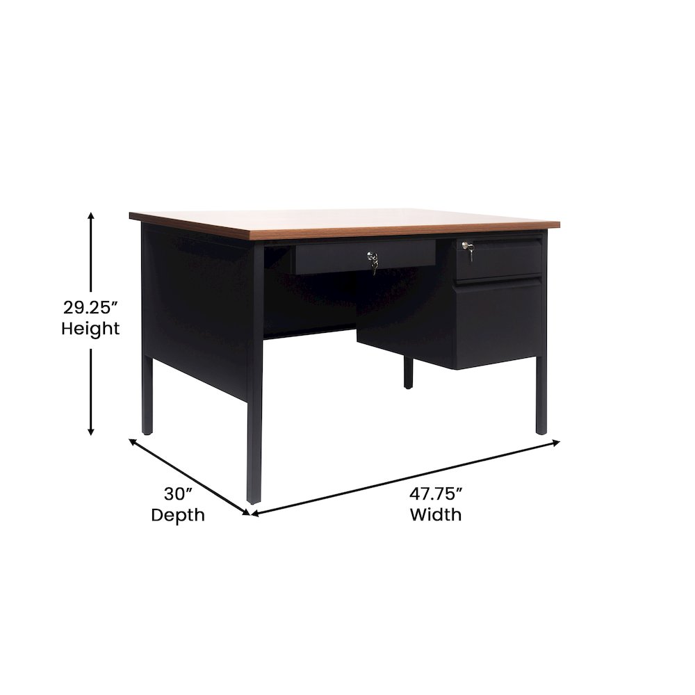 30x48 Right Side Single Pedestal Desk, 3 Locking Drawers, Walnut Top,Black Frame. Picture 5