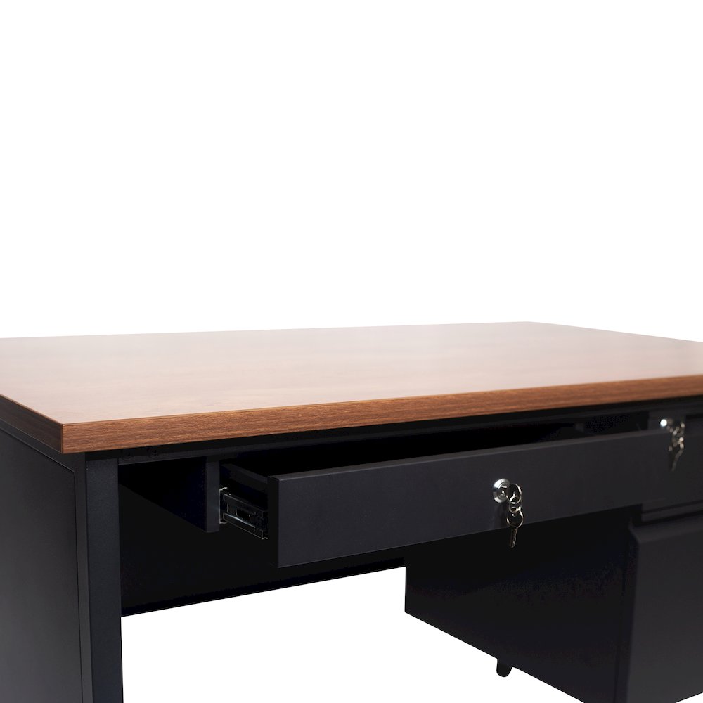 30x48 Right Side Single Pedestal Desk, 3 Locking Drawers, Walnut Top,Black Frame. Picture 12