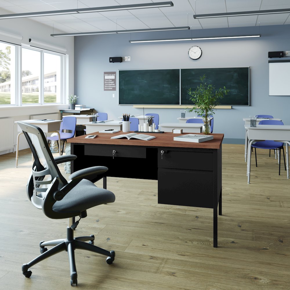 30x48 Right Side Single Pedestal Desk, 3 Locking Drawers, Walnut Top,Black Frame. Picture 3