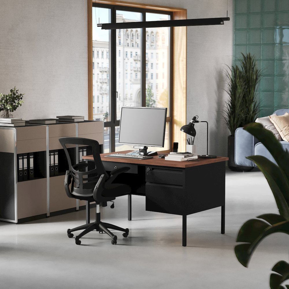 30x48 Right Side Single Pedestal Desk, 3 Locking Drawers, Walnut Top,Black Frame. Picture 6