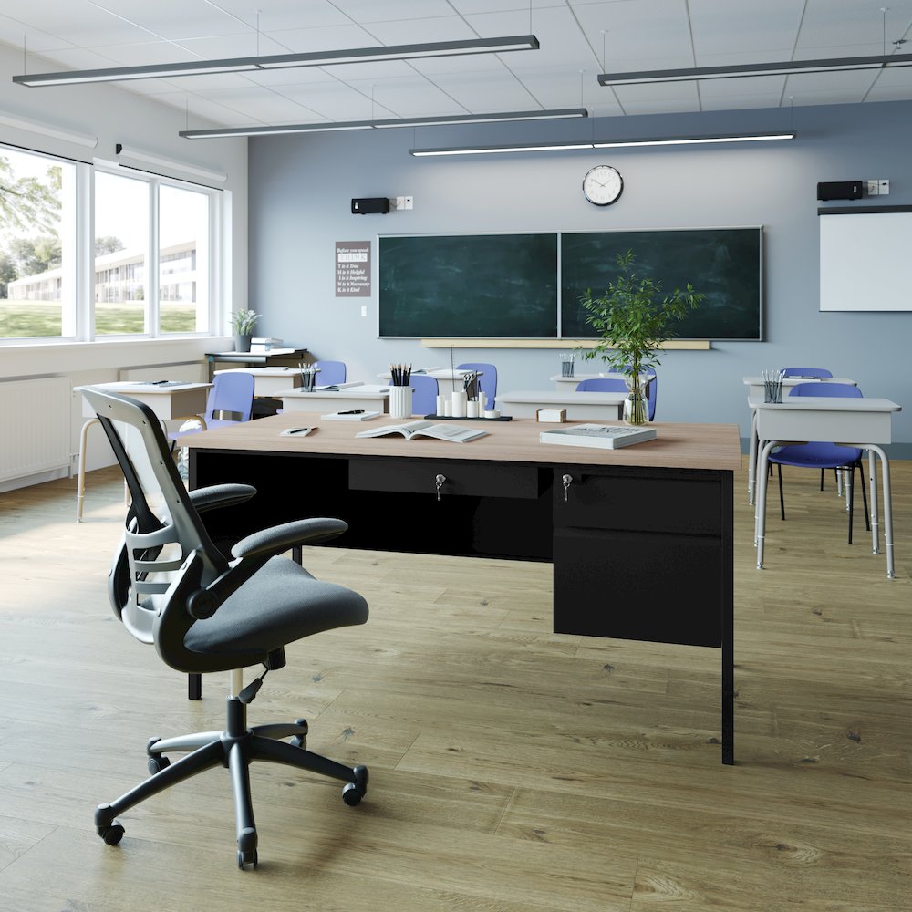 Contemporary 30x60 Commercial Grade Single Pedestal Desk with Drawers, White Oak. Picture 3