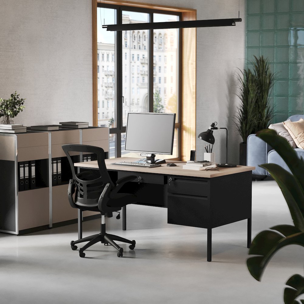 Contemporary 30x60 Commercial Grade Single Pedestal Desk with Drawers, White Oak. Picture 6