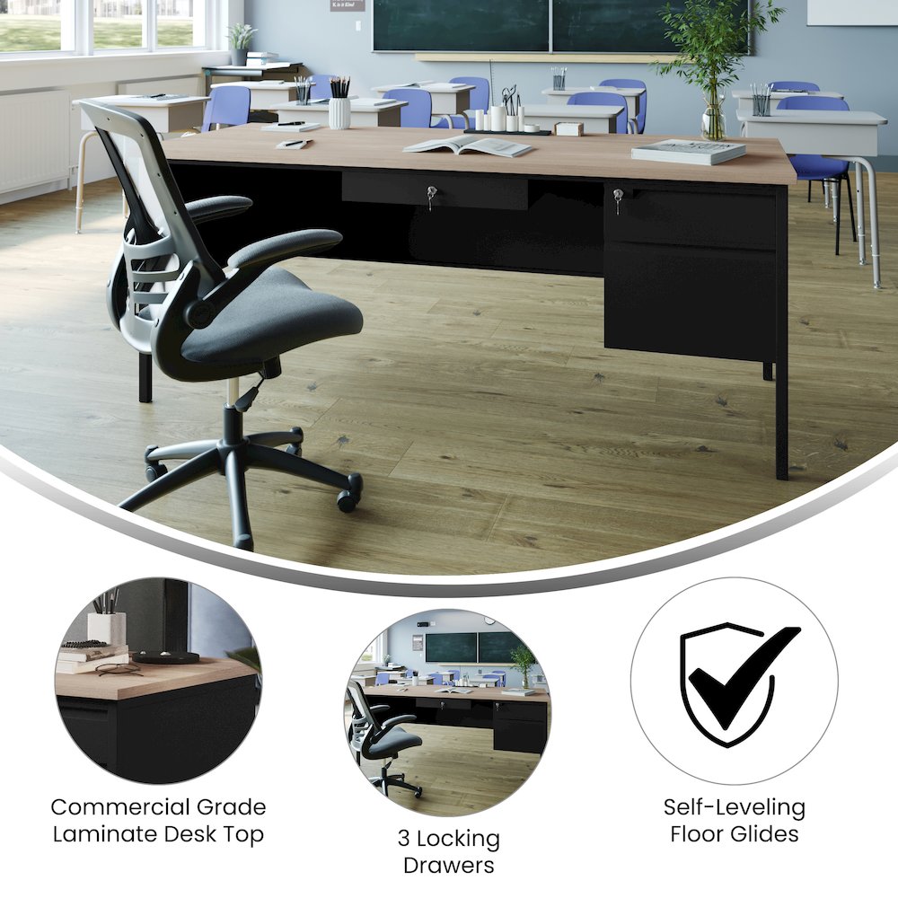 Contemporary 30x70 Commercial Grade Single Pedestal Desk with Drawers, White Oak. Picture 4