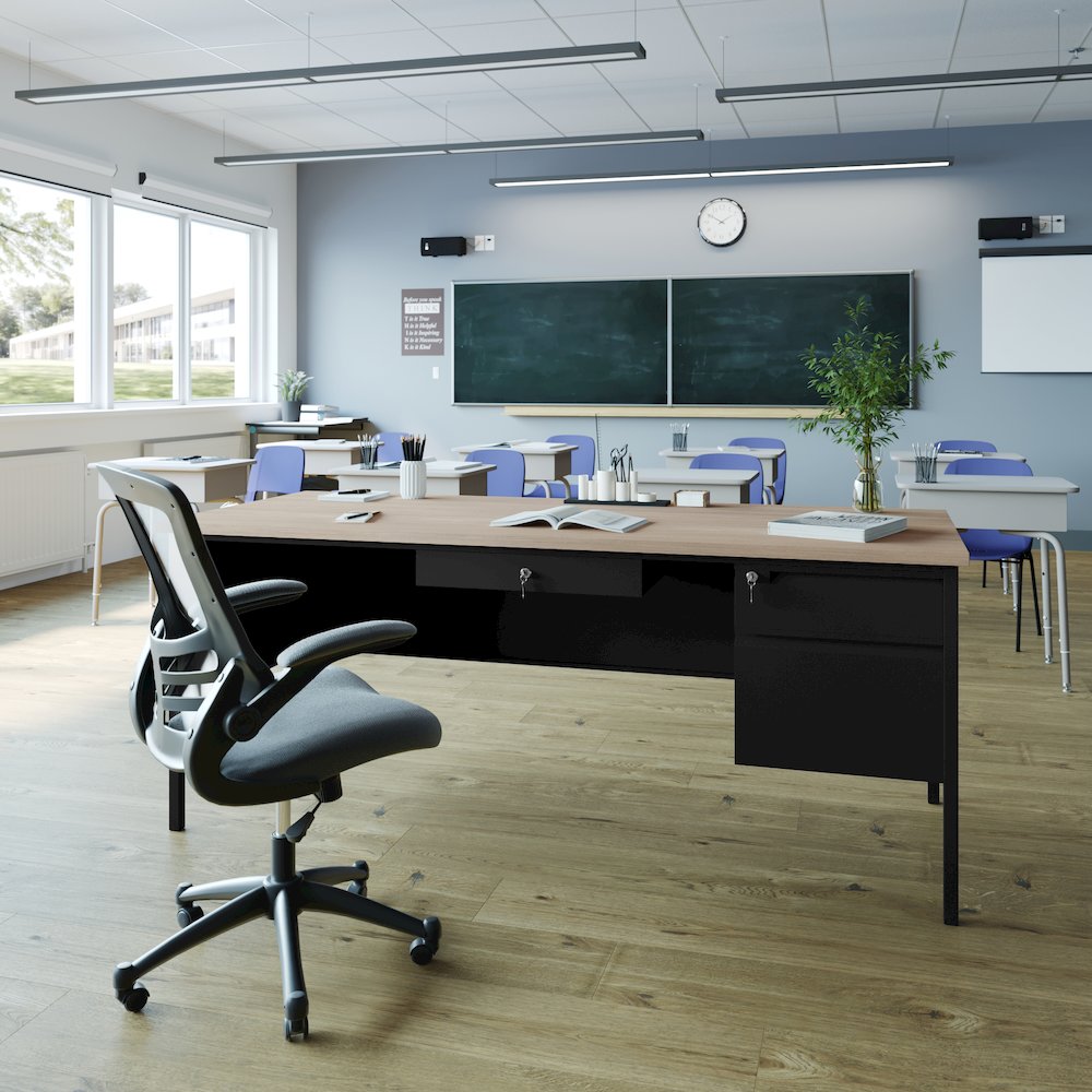 Contemporary 30x70 Commercial Grade Single Pedestal Desk with Drawers, White Oak. Picture 3