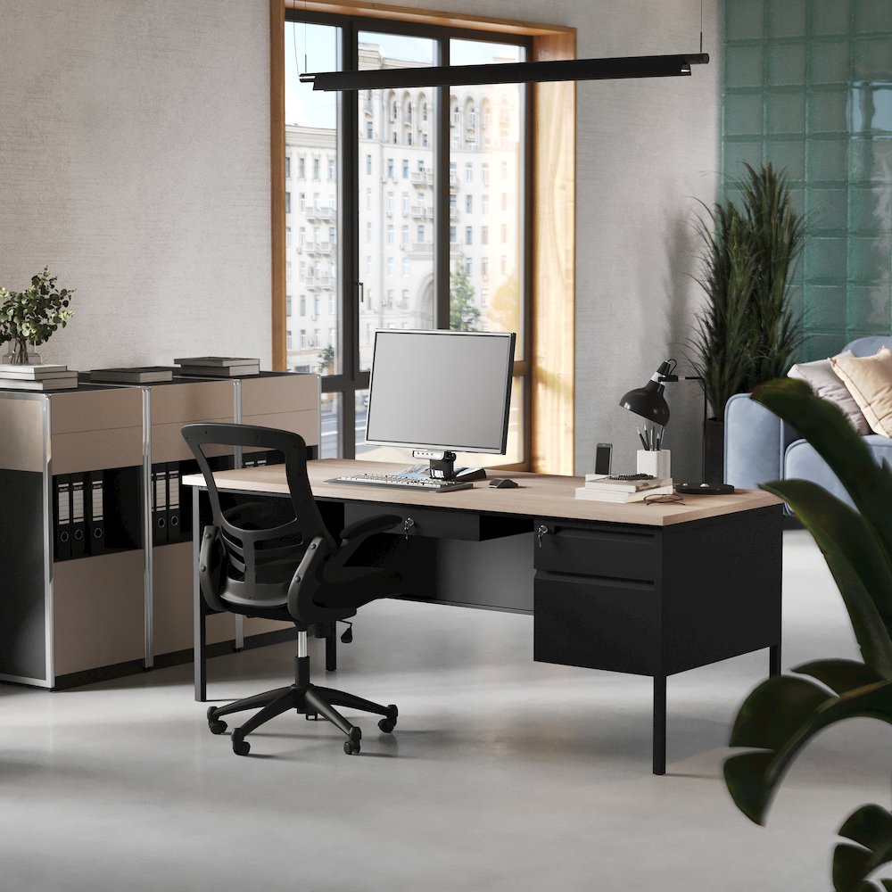 Contemporary 30x70 Commercial Grade Single Pedestal Desk with Drawers, White Oak. Picture 6
