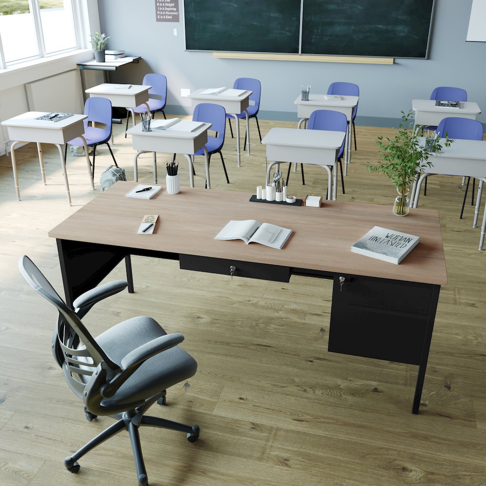 Contemporary 30x70 Commercial Grade Single Pedestal Desk with Drawers, White Oak. Picture 7