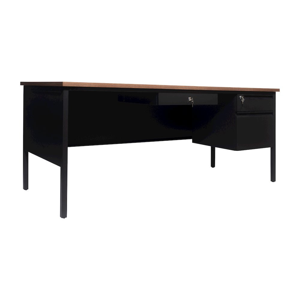 30x70 Right Side Single Pedestal Desk, 3 Locking Drawers, Walnut Top,Black Frame. Picture 1