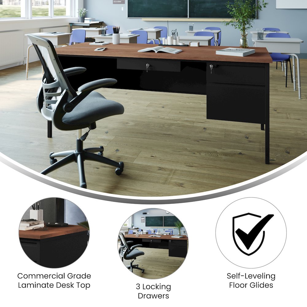 30x70 Right Side Single Pedestal Desk, 3 Locking Drawers, Walnut Top,Black Frame. Picture 4