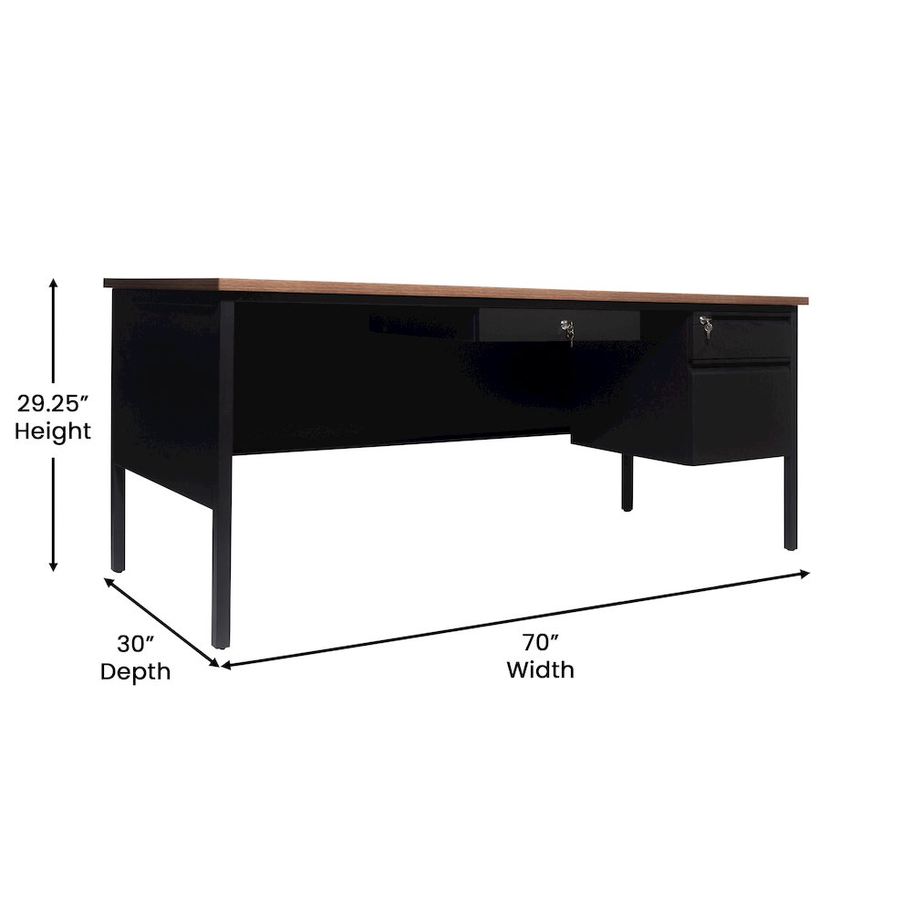 30x70 Right Side Single Pedestal Desk, 3 Locking Drawers, Walnut Top,Black Frame. Picture 5