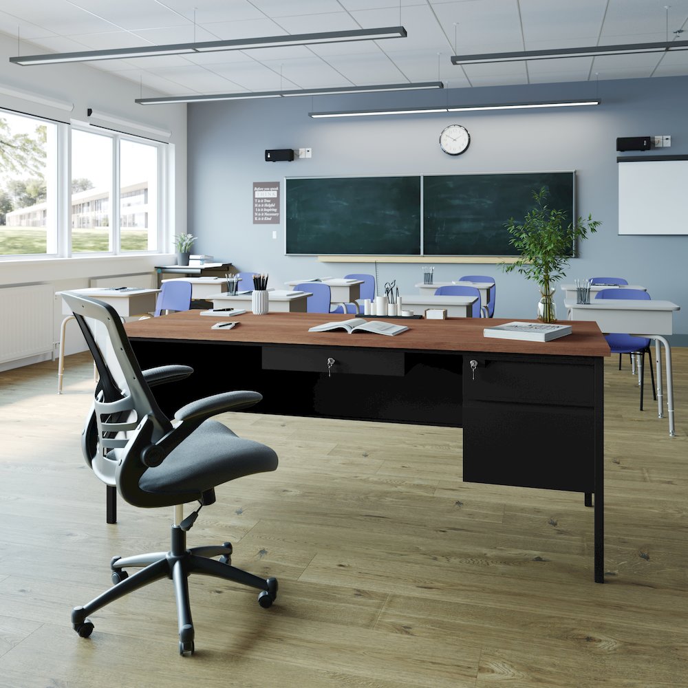 30x70 Right Side Single Pedestal Desk, 3 Locking Drawers, Walnut Top,Black Frame. Picture 3