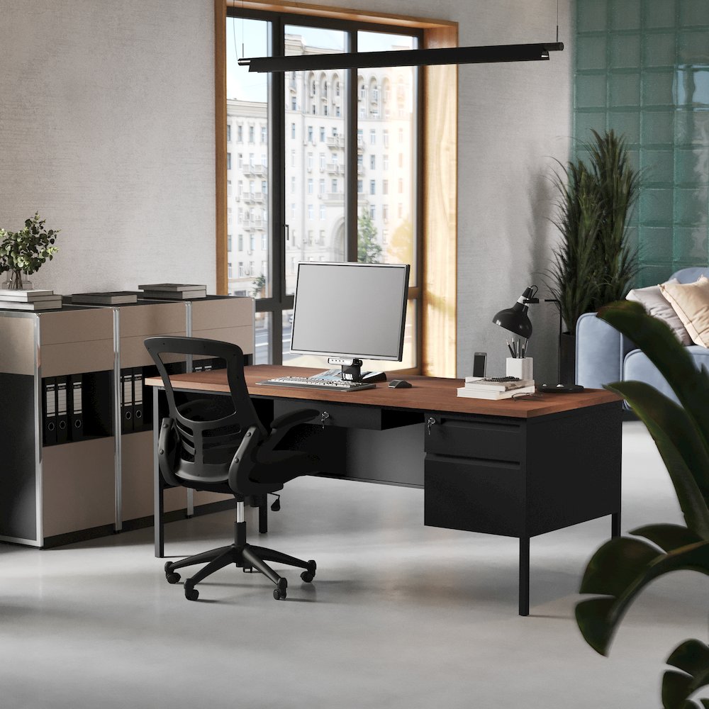 30x70 Right Side Single Pedestal Desk, 3 Locking Drawers, Walnut Top,Black Frame. Picture 6