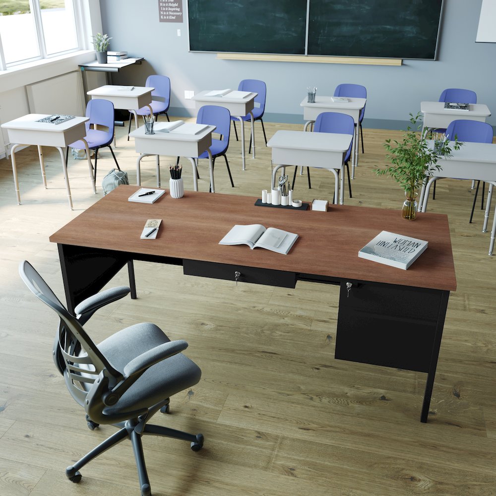 30x70 Right Side Single Pedestal Desk, 3 Locking Drawers, Walnut Top,Black Frame. Picture 7