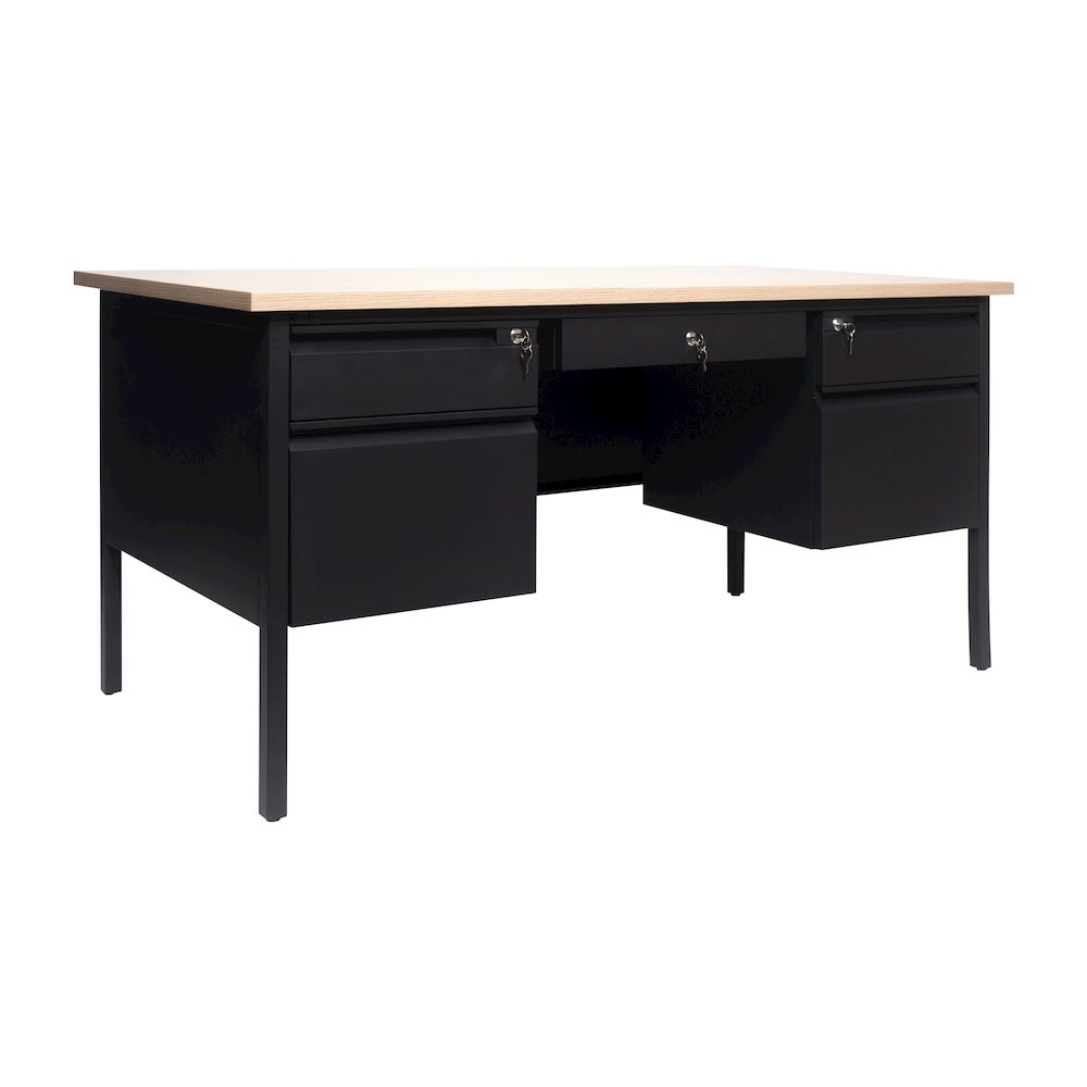 30x60 Double Pedestal Desk with 5 Locking Drawers, White Oak Top and Black Frame. Picture 1