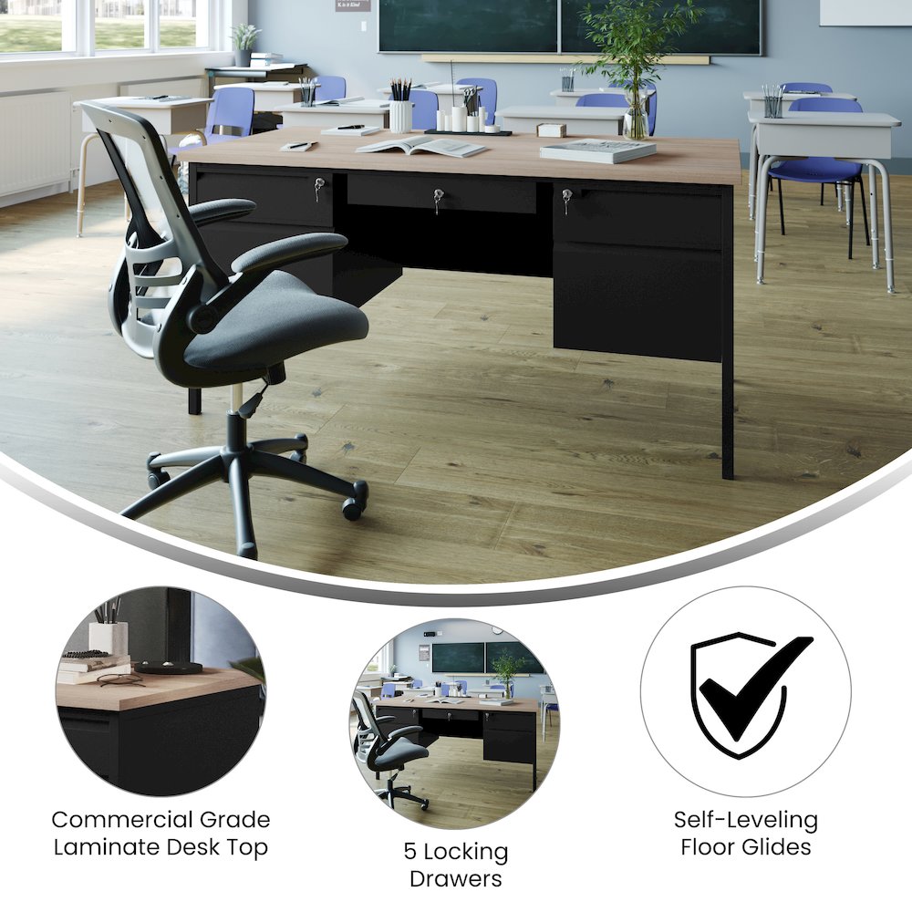 30x60 Double Pedestal Desk with 5 Locking Drawers, White Oak Top and Black Frame. Picture 4