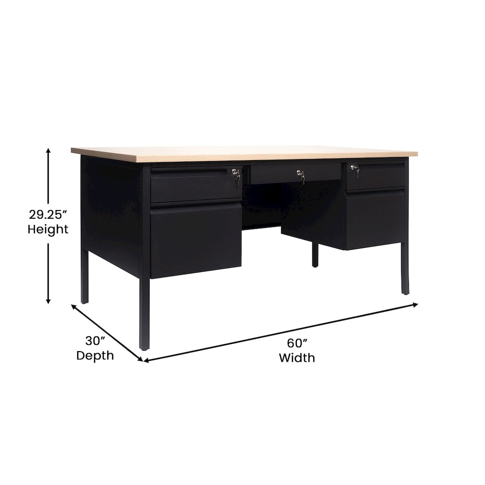 30x60 Double Pedestal Desk with 5 Locking Drawers, White Oak Top and Black Frame. Picture 5