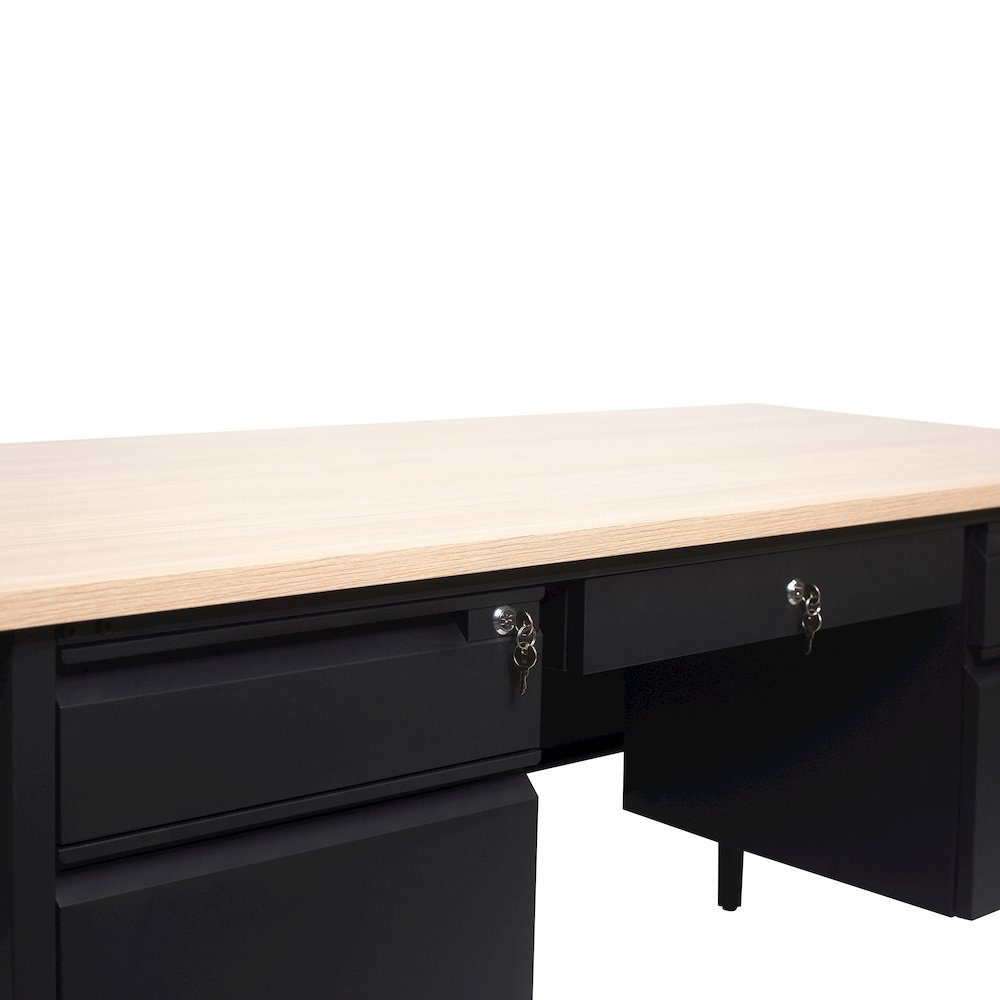 30x60 Double Pedestal Desk with 5 Locking Drawers, White Oak Top and Black Frame. Picture 9