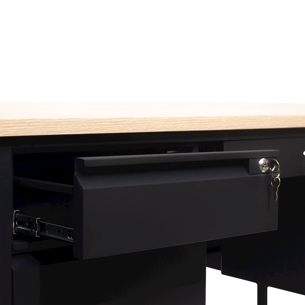 30x60 Double Pedestal Desk with 5 Locking Drawers, White Oak Top and Black Frame. Picture 12