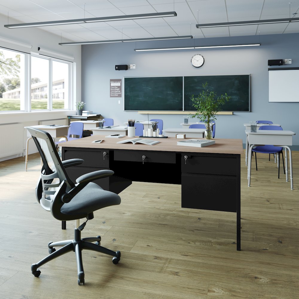30x60 Double Pedestal Desk with 5 Locking Drawers, White Oak Top and Black Frame. Picture 3