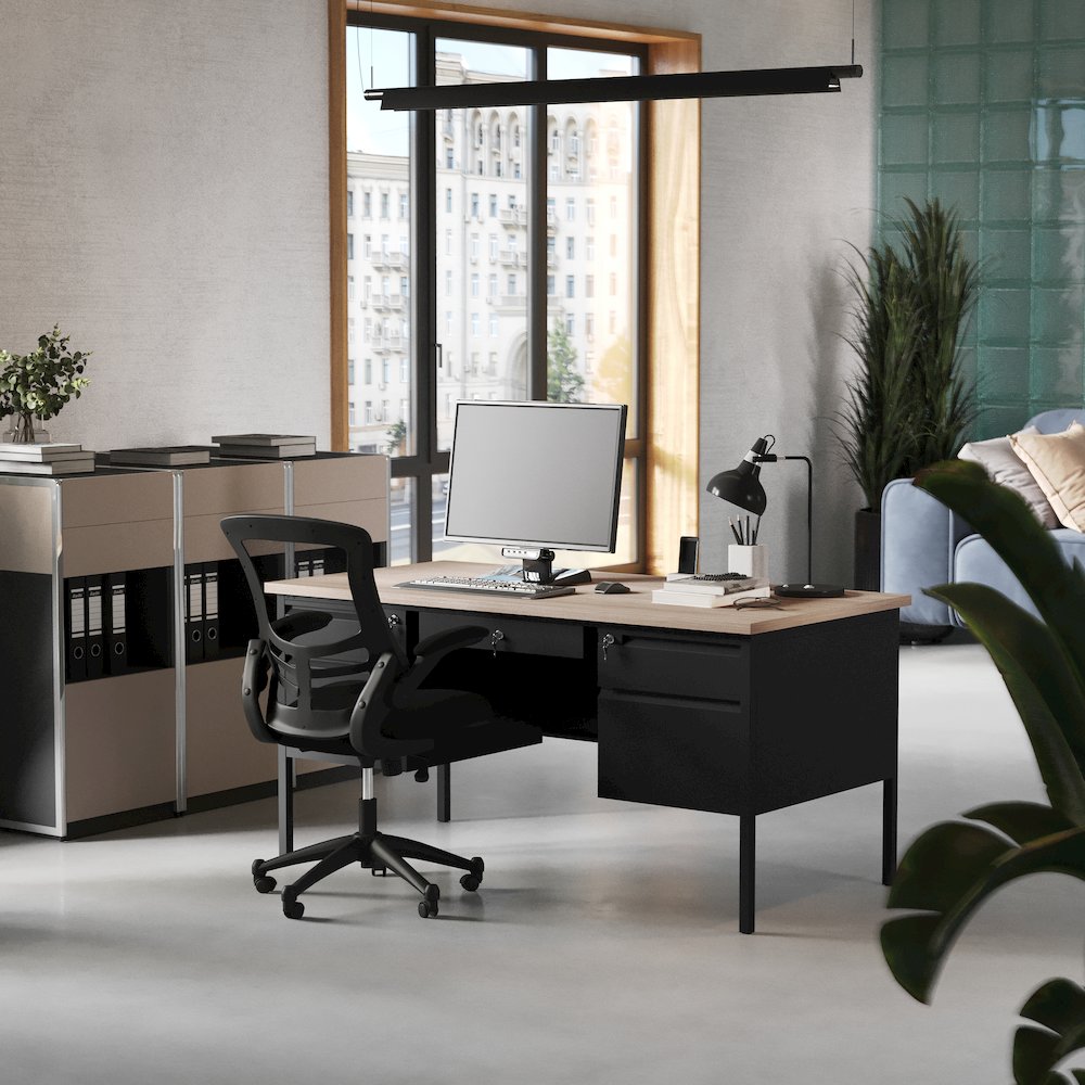 30x60 Double Pedestal Desk with 5 Locking Drawers, White Oak Top and Black Frame. Picture 6