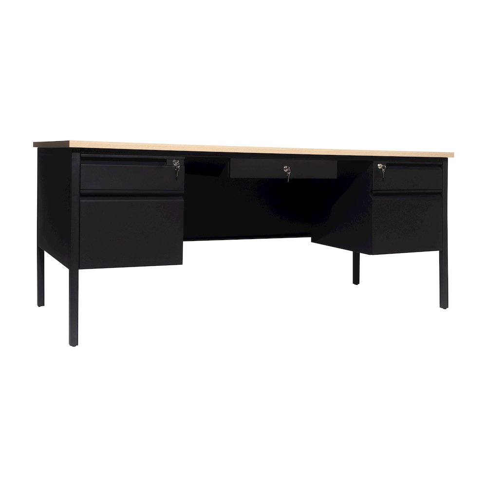 30x70 Double Pedestal Desk with 5 Locking Drawers, White Oak Top and Black Frame. Picture 1