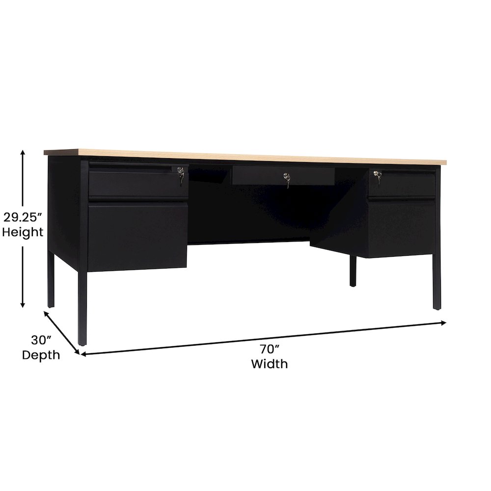 30x70 Double Pedestal Desk with 5 Locking Drawers, White Oak Top and Black Frame. Picture 5