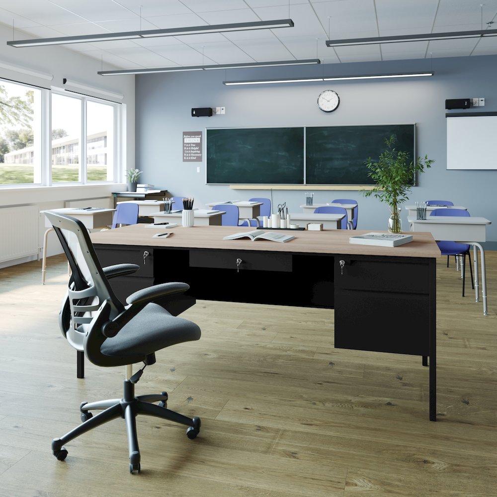 30x70 Double Pedestal Desk with 5 Locking Drawers, White Oak Top and Black Frame. Picture 3