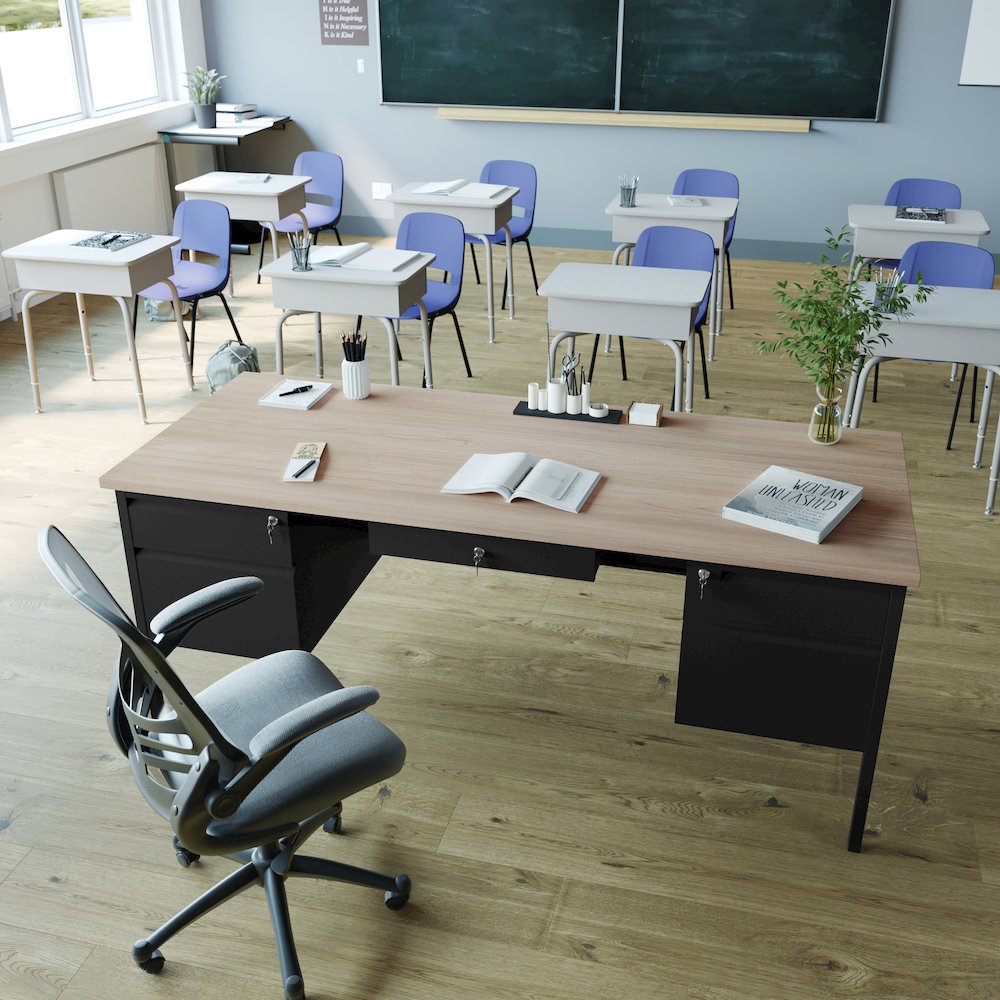 30x70 Double Pedestal Desk with 5 Locking Drawers, White Oak Top and Black Frame. Picture 7
