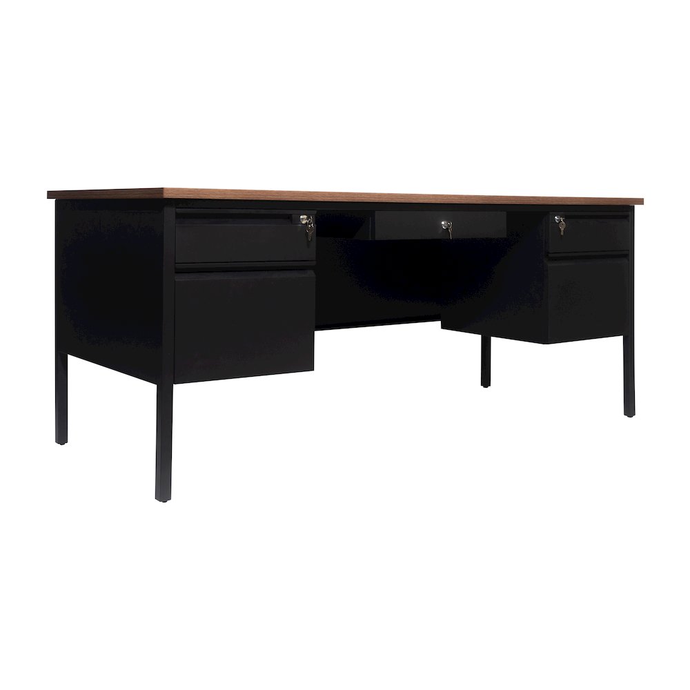 30x70 Double Pedestal Desk with 5 Locking Drawers, Walnut Top and Black Frame. Picture 1