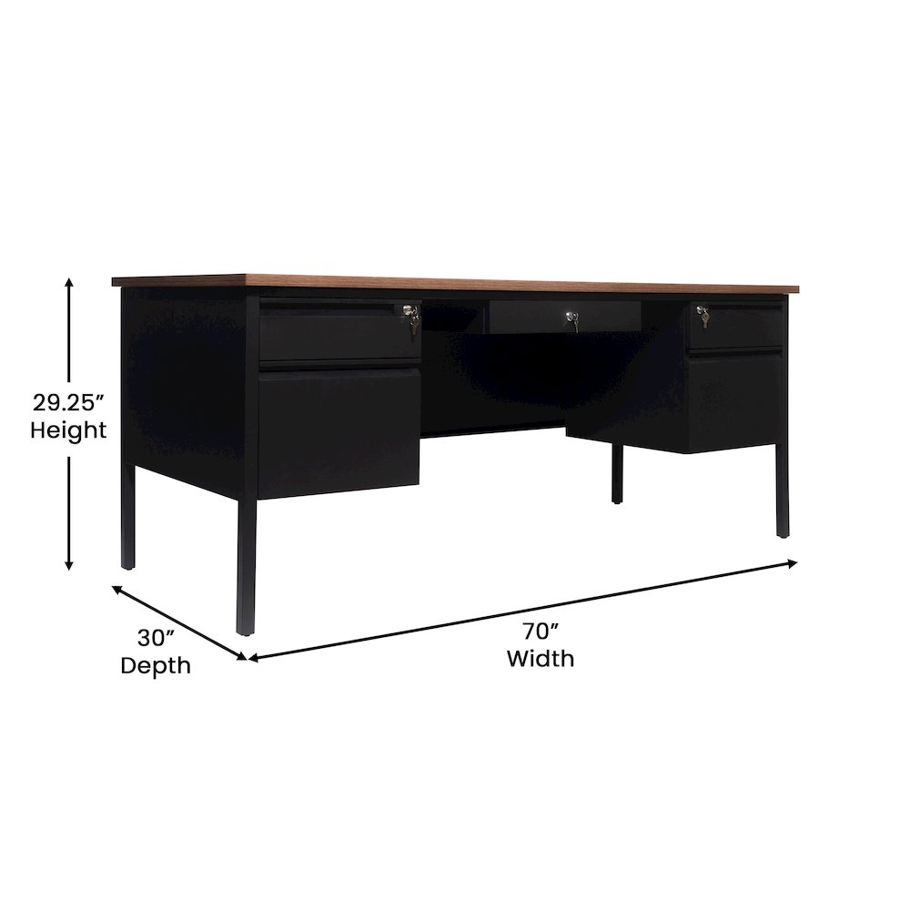 30x70 Double Pedestal Desk with 5 Locking Drawers, Walnut Top and Black Frame. Picture 5