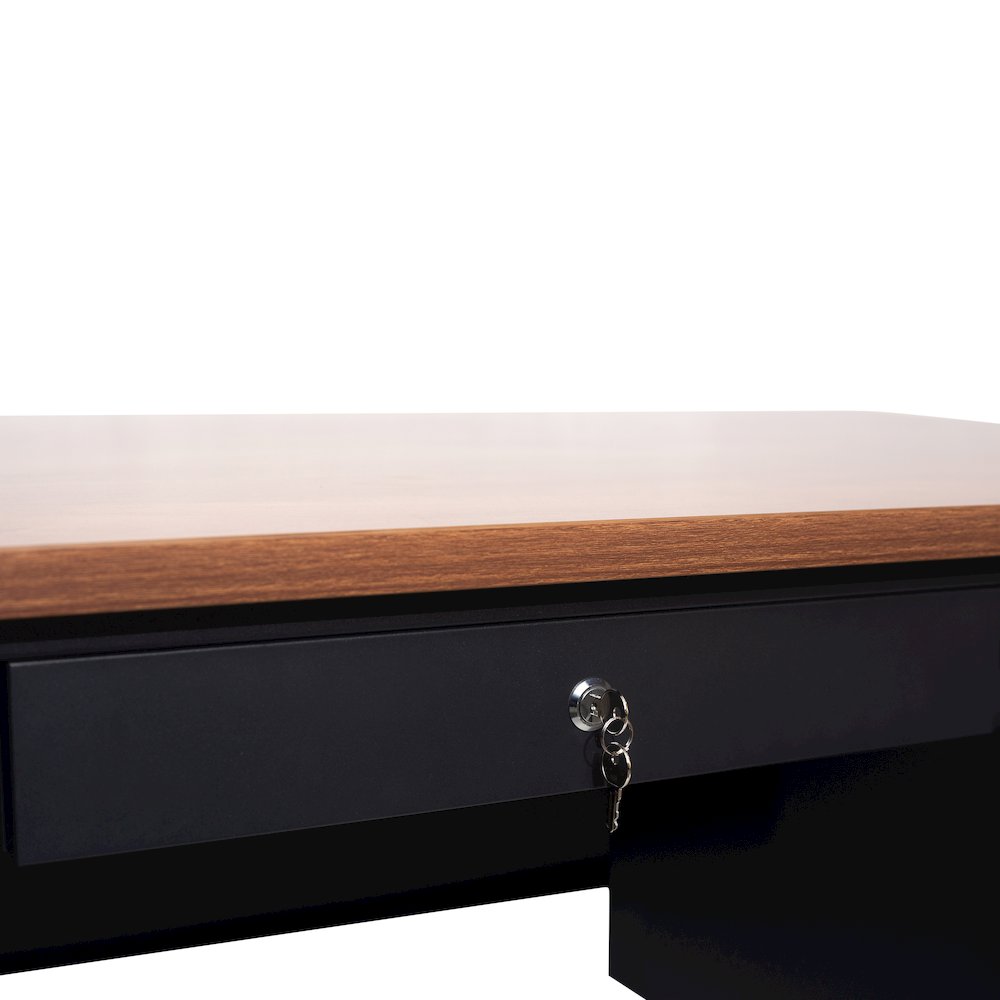 30x70 Double Pedestal Desk with 5 Locking Drawers, Walnut Top and Black Frame. Picture 9