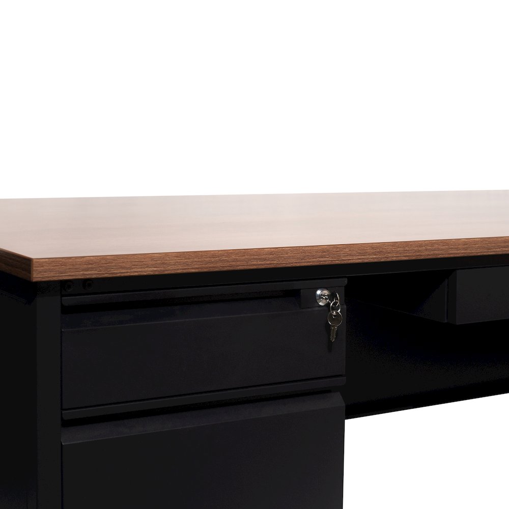 30x70 Double Pedestal Desk with 5 Locking Drawers, Walnut Top and Black Frame. Picture 12