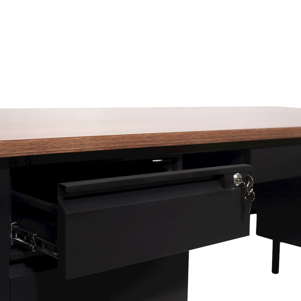 30x70 Double Pedestal Desk with 5 Locking Drawers, Walnut Top and Black Frame. Picture 13