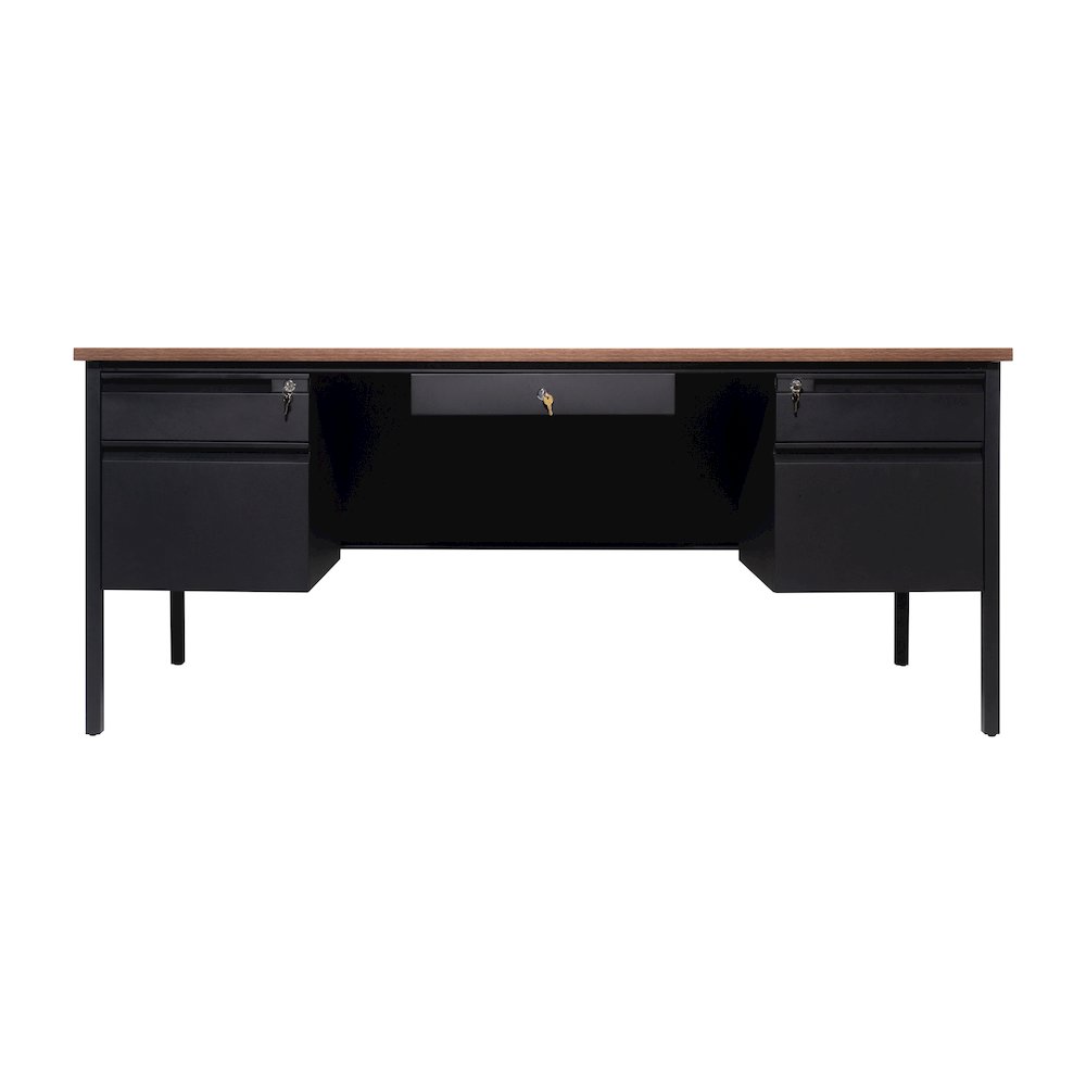 30x70 Double Pedestal Desk with 5 Locking Drawers, Walnut Top and Black Frame. Picture 11