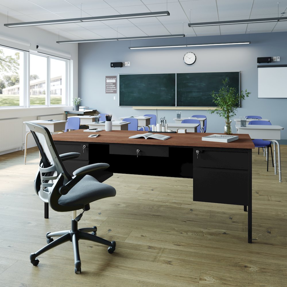 30x70 Double Pedestal Desk with 5 Locking Drawers, Walnut Top and Black Frame. Picture 3