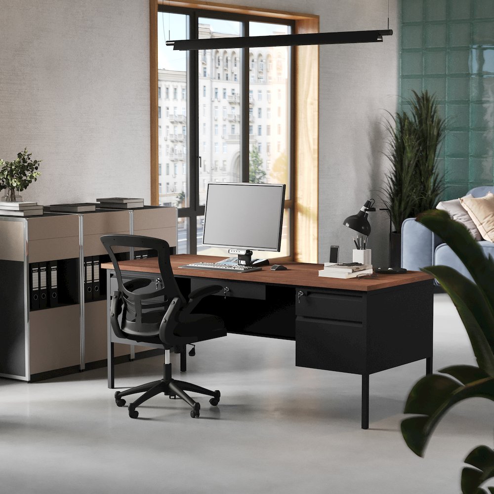 30x70 Double Pedestal Desk with 5 Locking Drawers, Walnut Top and Black Frame. Picture 6